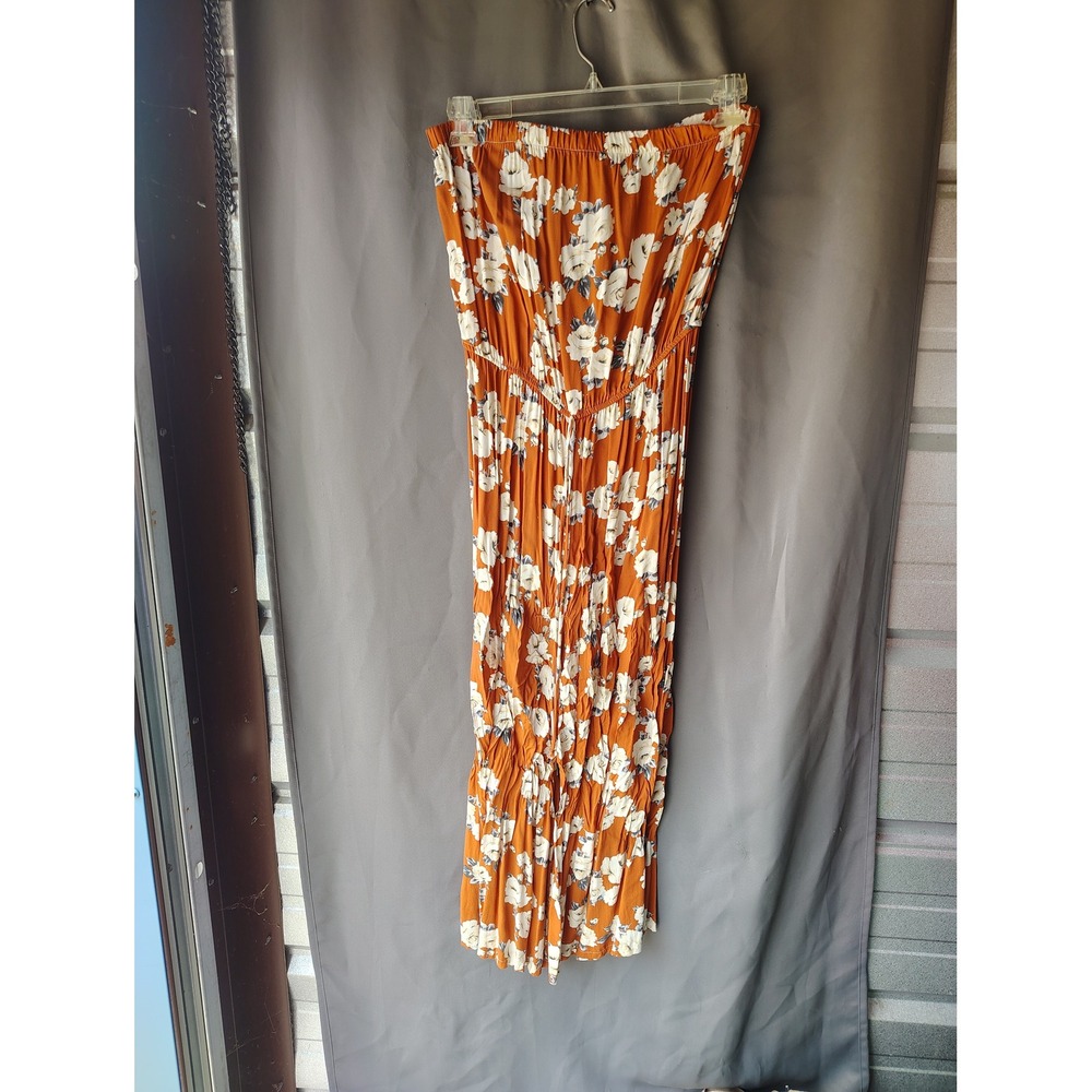 Polly & Esther Floral Strapless Jumpsuit Rust Orange White Rose Wide Leg‎ XL NEW